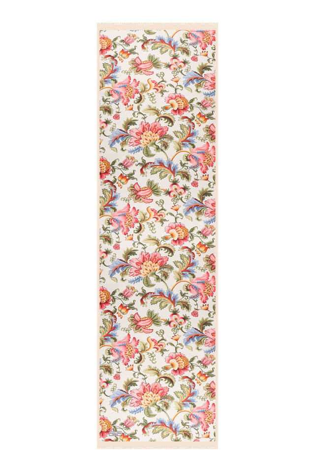 Cream Floral Pattern Voile Silk Scarf - 4