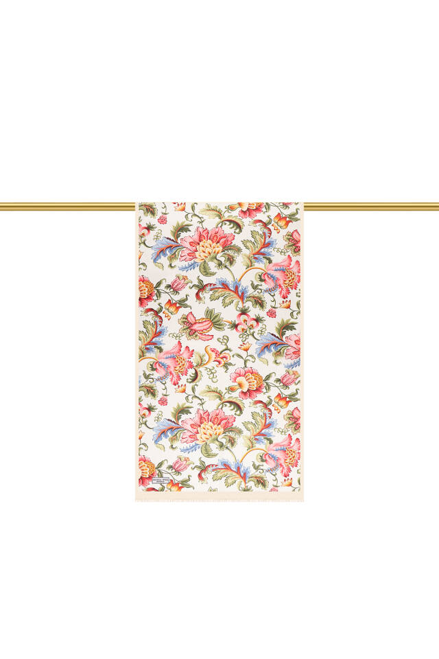 Cream Floral Pattern Voile Silk Scarf - 3