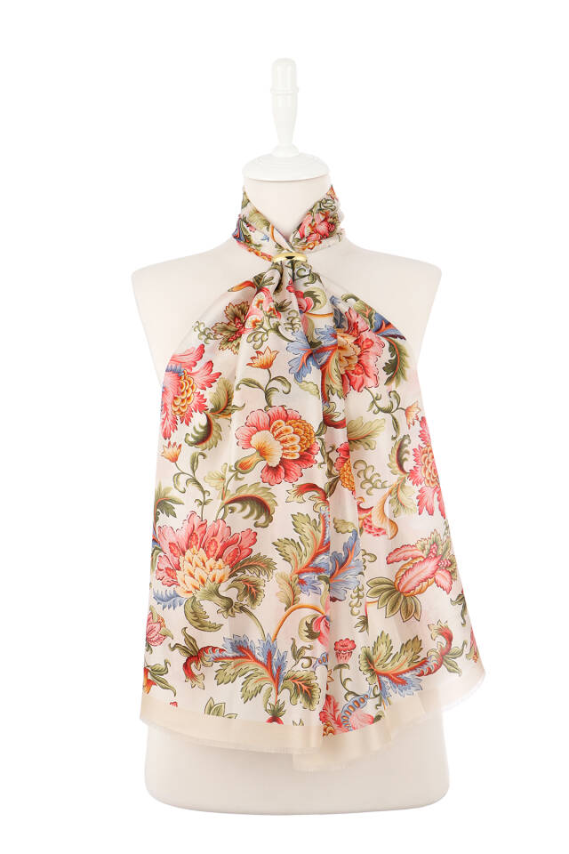 Cream Floral Pattern Voile Silk Scarf - 2