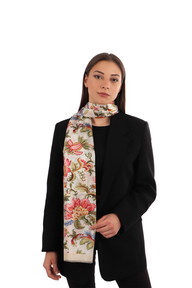 Cream Floral Pattern Voile Silk Scarf 