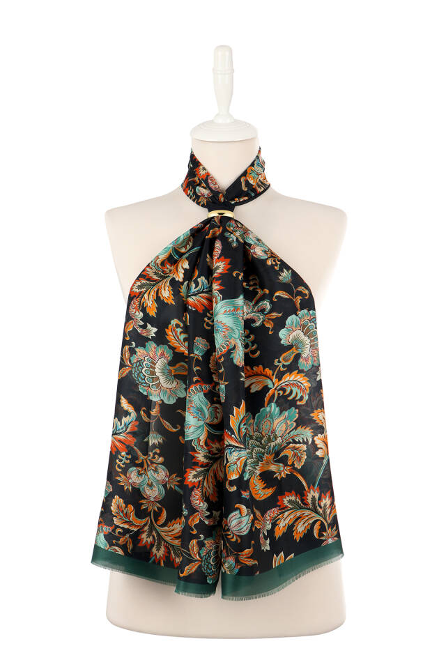 Green Floral Pattern Voile Silk Scarf - 2