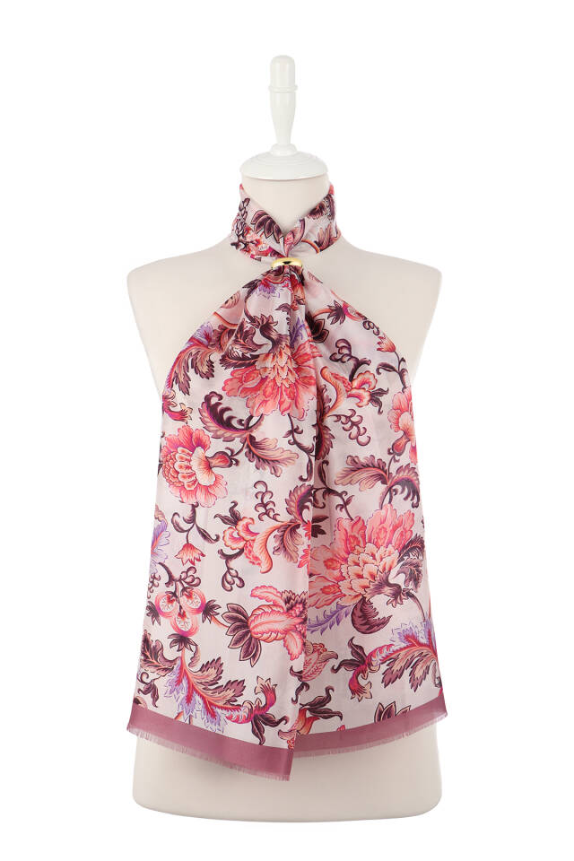 Damson Floral Pattern Voile Silk Scarf - 2