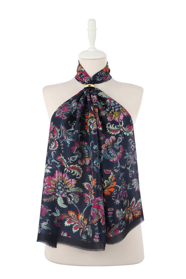 Navy Blue Floral Pattern Voile Silk Scarf - 2