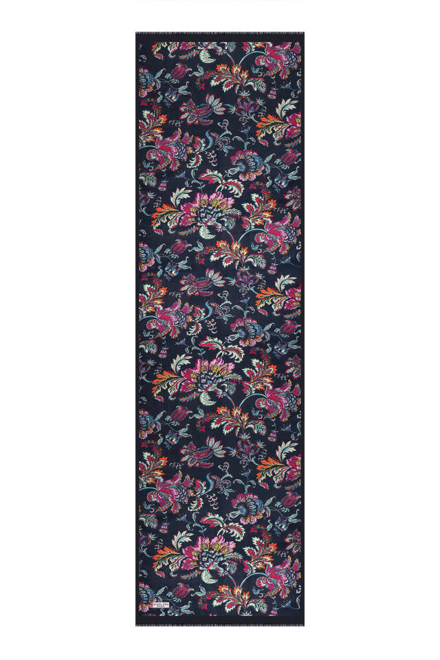 Navy Blue Floral Pattern Voile Silk Scarf - 4