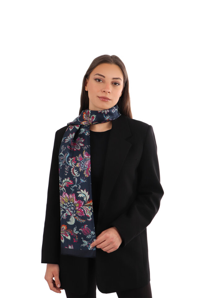 Navy Blue Floral Pattern Voile Silk Scarf 