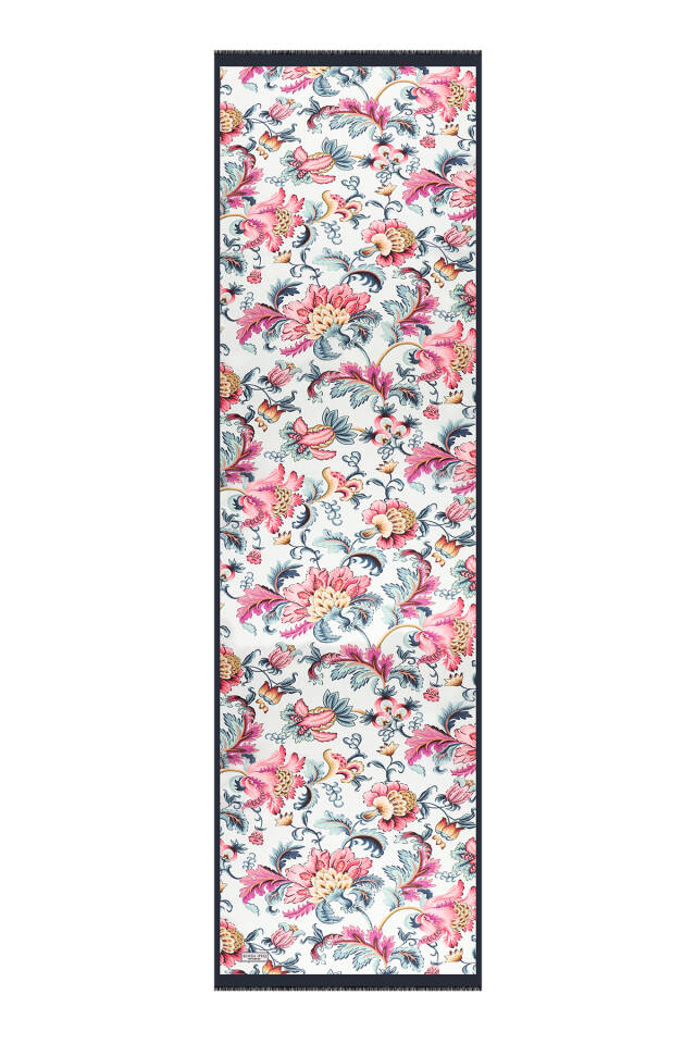 Navy Blue Floral Pattern Voile Silk Scarf - 4