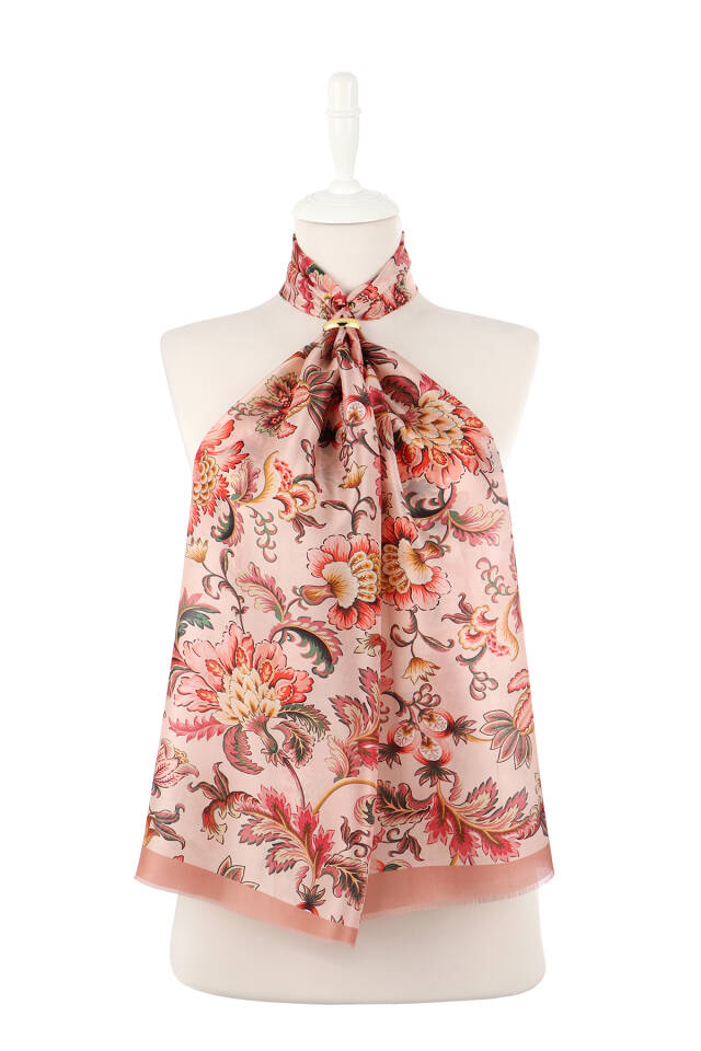 Salmon Floral Pattern Voile Silk Scarf - 2