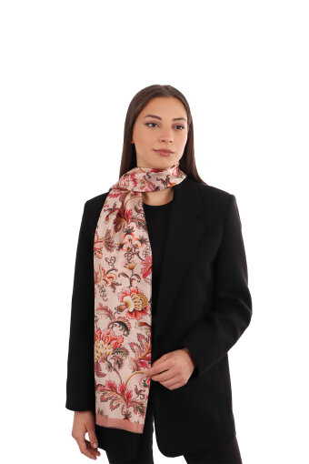 Salmon Floral Pattern Voile Silk Scarf 