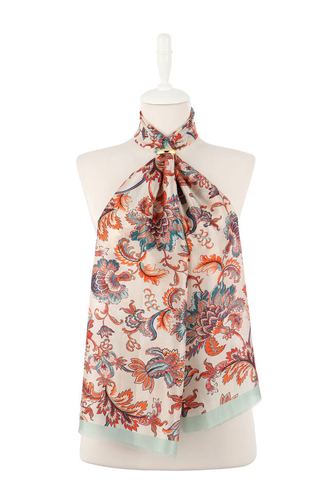 Aqua Green Floral Pattern Voile Silk Scarf - 2