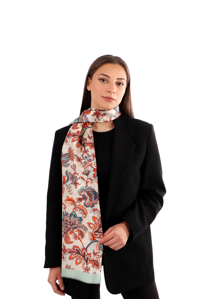 Aqua Green Floral Pattern Voile Silk Scarf 