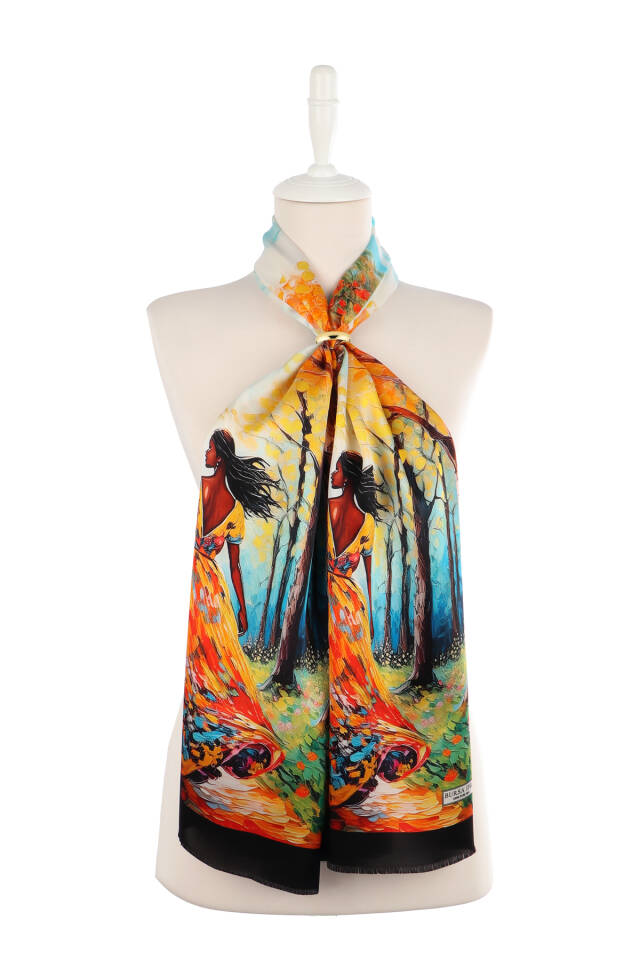Orange Forest Pattern Silk Scarf - 2
