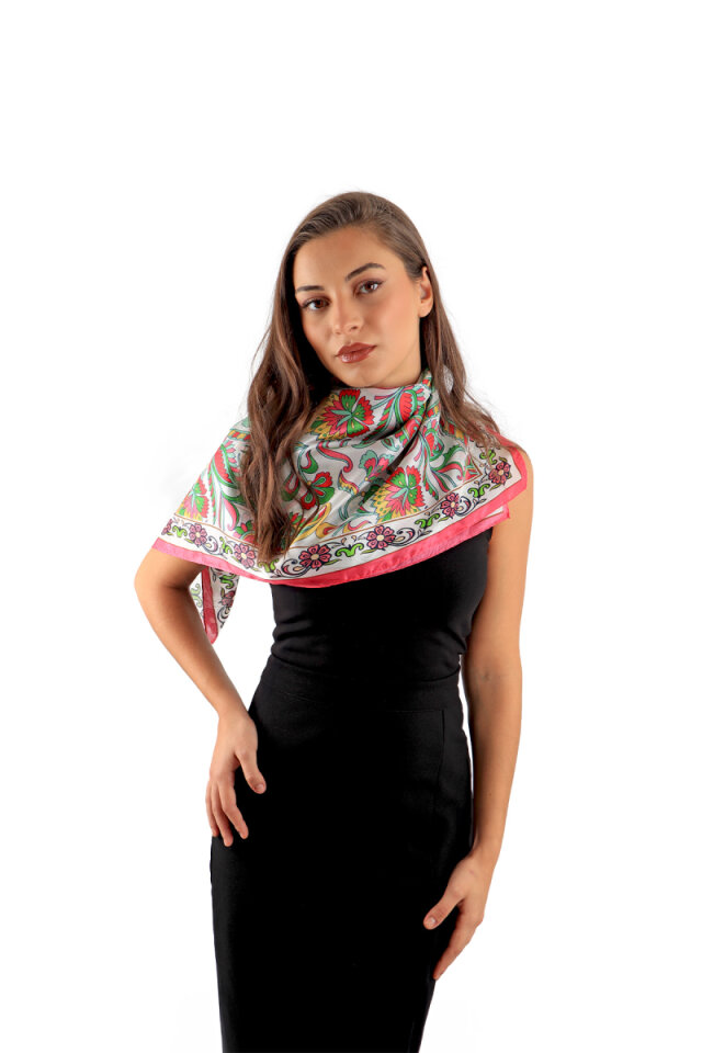 Fuchsia Floral Pattern Voile Silk Square Scarf - 2