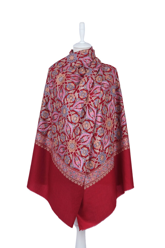 Bordo Full İşlemeli Suzani Yün Şal - Bursa İpek