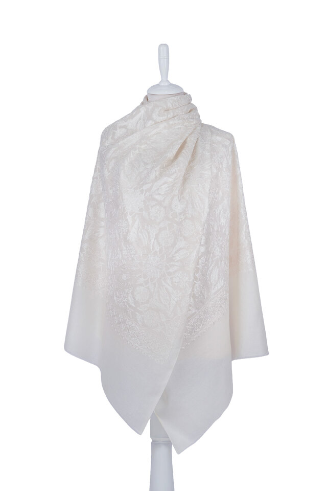 Ekru Full İşlemeli Suzani Yün Şal - Bursa İpek