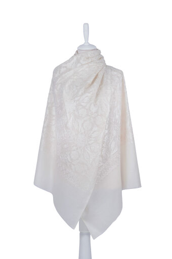 Ekru Full İşlemeli Suzani Yün Şal 