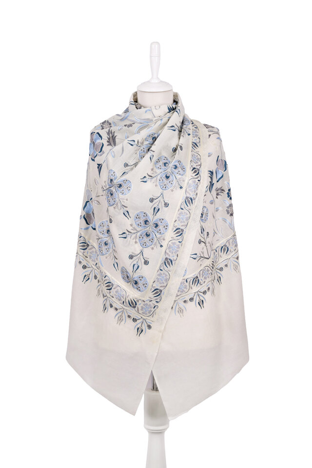 Ekru Full İşlemeli Suzani Yün Şal - Bursa İpek