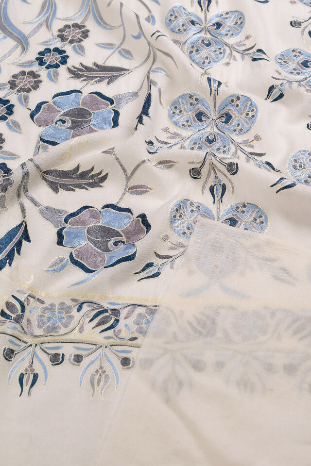 Ekru Full İşlemeli Suzani Yün Şal - 3