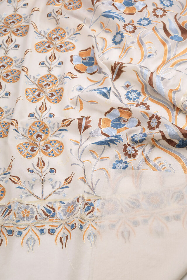 Ekru Full İşlemeli Suzani Yün Şal - 3