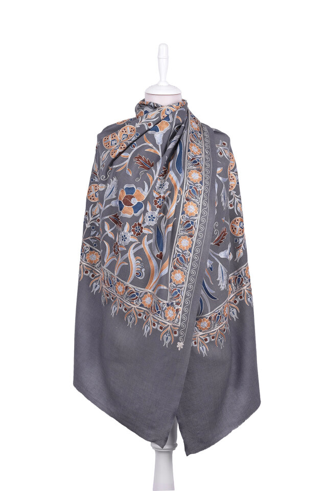 Füme Full İşlemeli Suzani Yün Şal - Bursa İpek