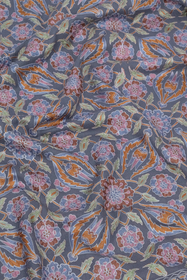 Gri Full İşlemeli Suzani Yün Şal - 3