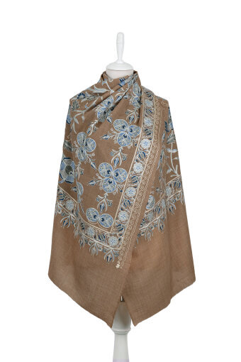 Kahverengi Full İşlemeli Suzani Yün Şal 