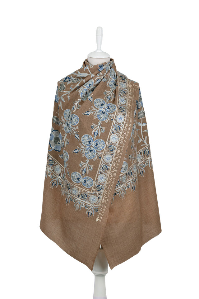 Kahverengi Full İşlemeli Suzani Yün Şal - Bursa İpek