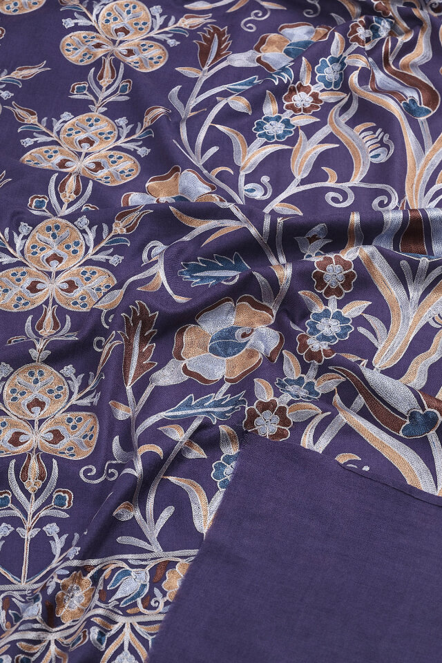 Lacivert Full İşlemeli Suzani Yün Şal - 3