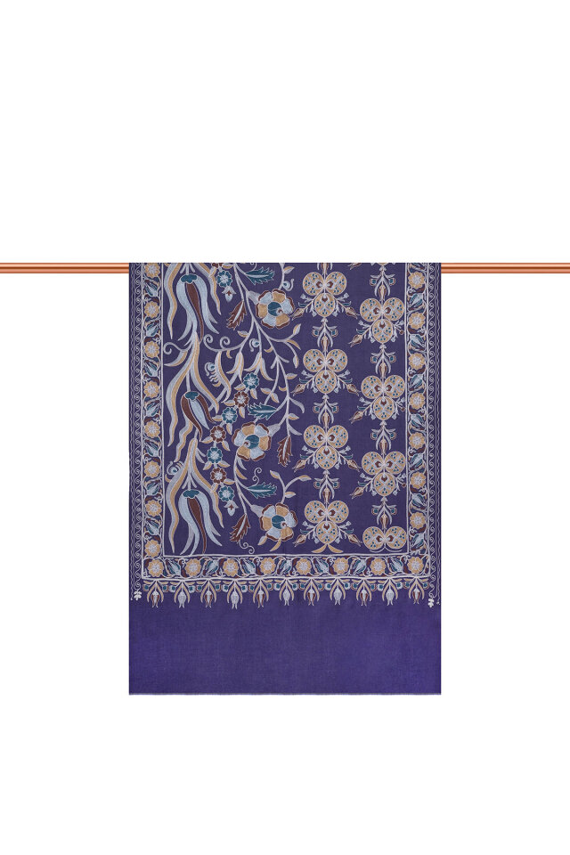 Lacivert Full İşlemeli Suzani Yün Şal - 2