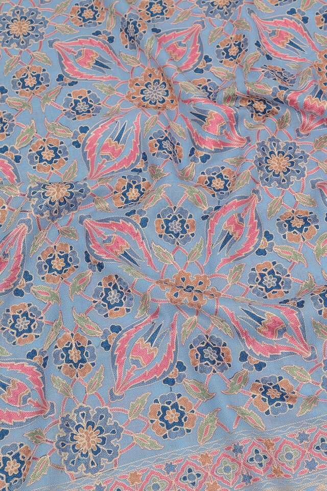 Mavi Full İşlemeli Suzani Yün Şal - 3