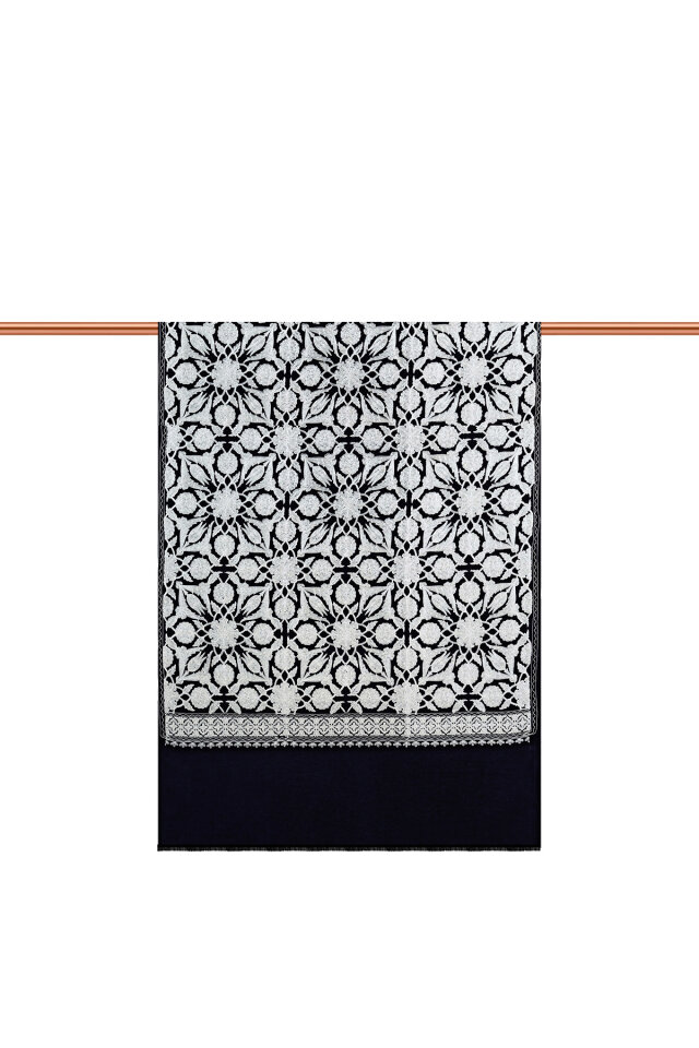 Siyah Full İşlemeli Suzani Yün Şal - 2