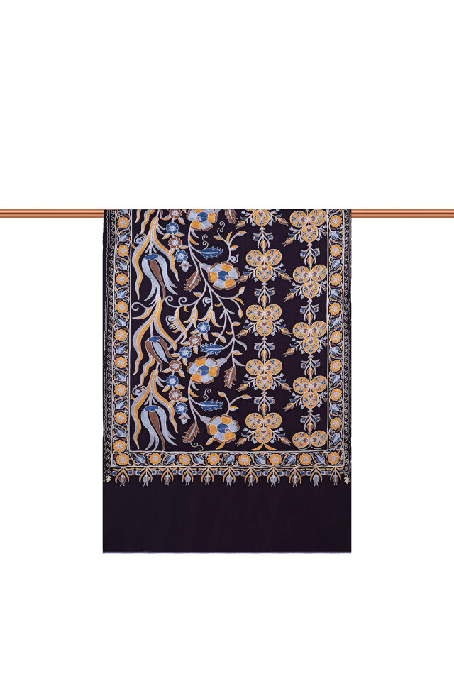 Siyah Full İşlemeli Suzani Yün Şal - 2