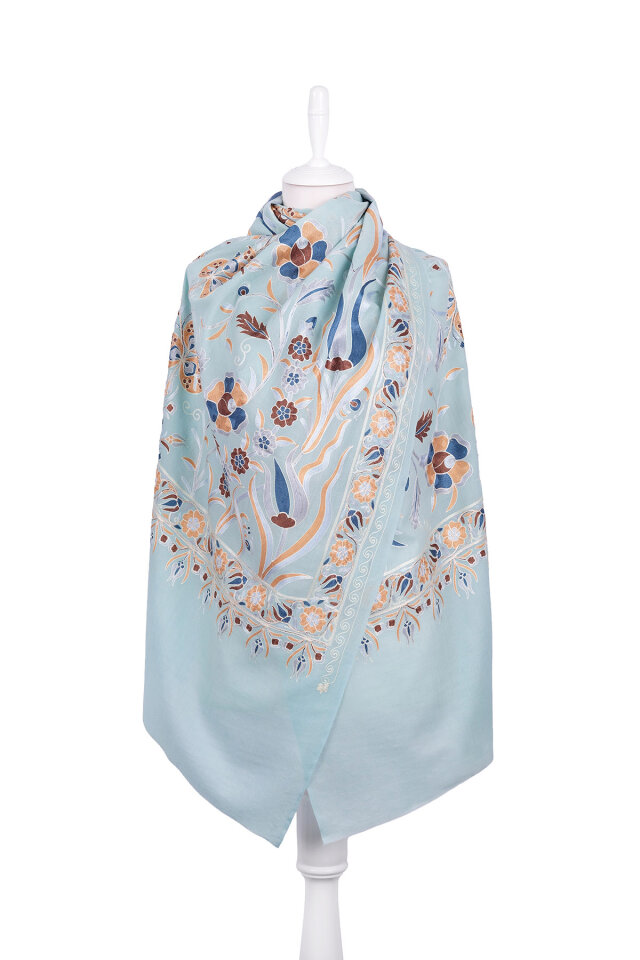 Su Yeşil Full İşlemeli Suzani Yün Şal - Bursa İpek