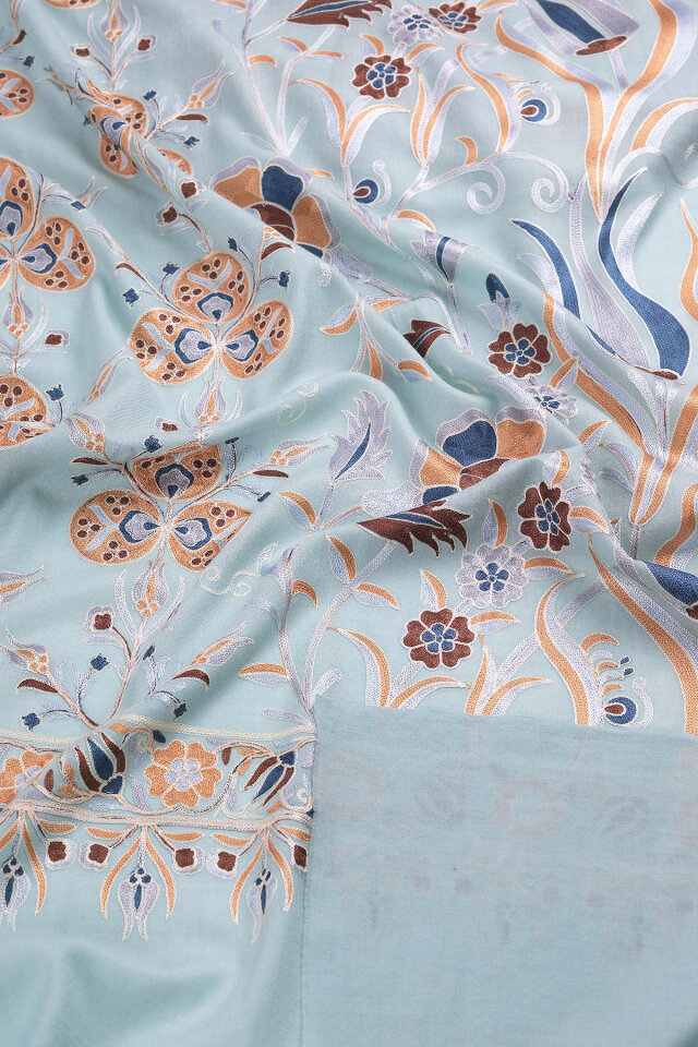 Su Yeşil Full İşlemeli Suzani Yün Şal - 3