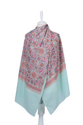 Su Yeşil Full İşlemeli Suzani Yün Şal 