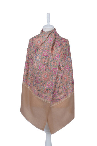 Sütlü Kahve Full İşlemeli Suzani Yün Şal 