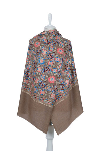 Sütlü Kahve Full İşlemeli Suzani Yün Şal 