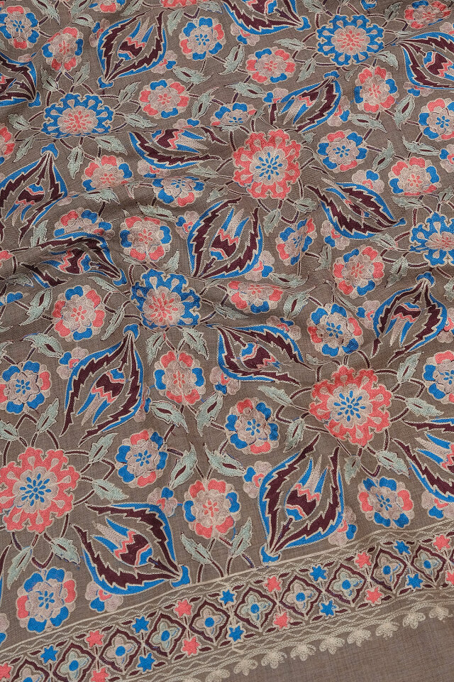 Sütlü Kahve Full İşlemeli Suzani Yün Şal - 3