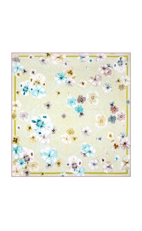 Asit Yeşil Gelincik Desen Çift Taraflı Twill İpek Eşarp - 1