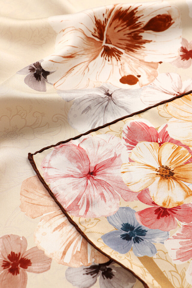 Krem Gelincik Desen Çift Taraflı Twill İpek Eşarp - 2