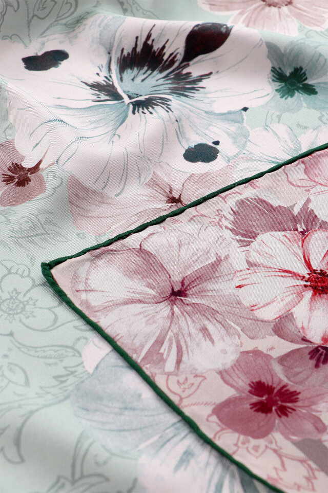 Mint Gelincik Desen Çift Taraflı Twill İpek Eşarp - 2