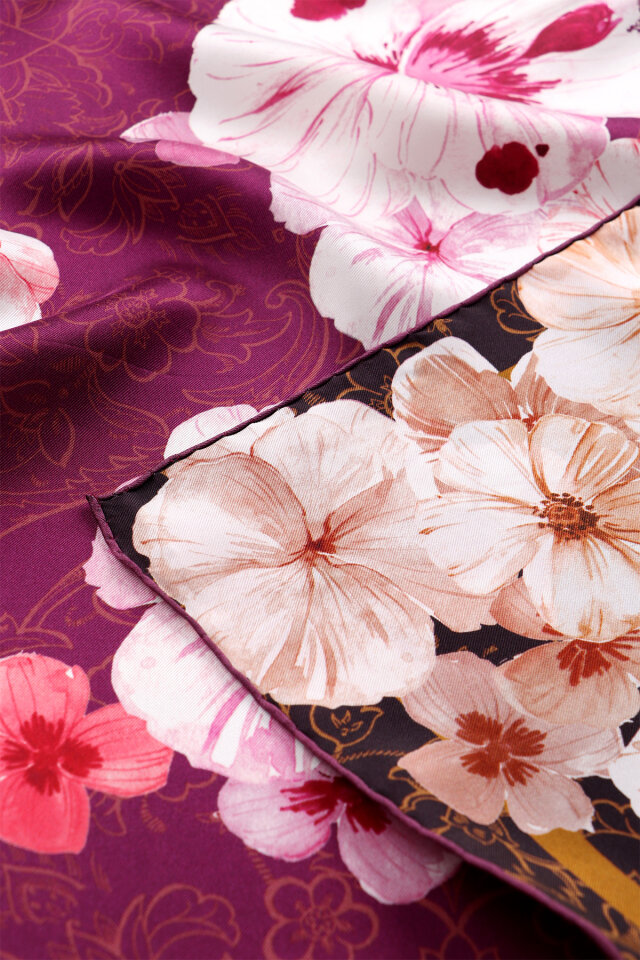 Mürdüm Gelincik Desen Çift Taraflı Twill İpek Eşarp - 2