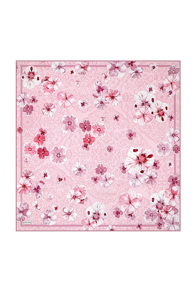 Pembe Gelincik Desen Çift Taraflı Twill İpek Eşarp 