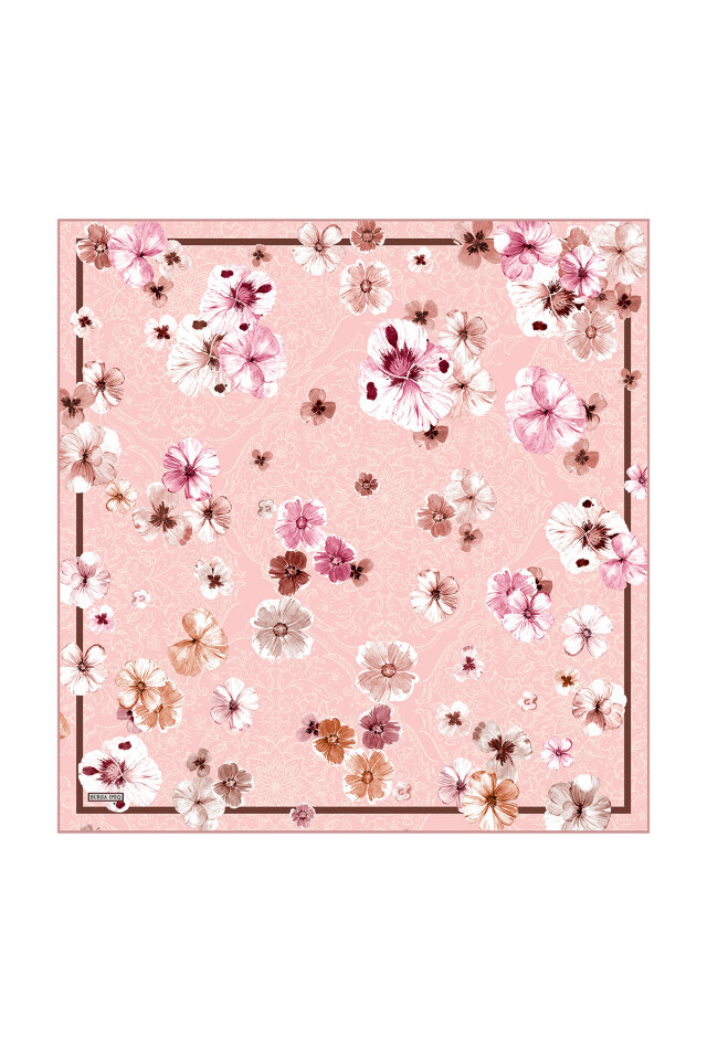 Pembe Gelincik Desen Twill İpek Eşarp - Bursa İpek