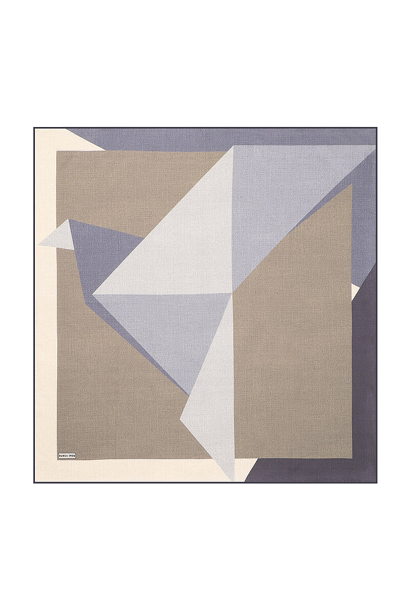 Ekru Gri Geometrik Desen Twill İpek Eşarp