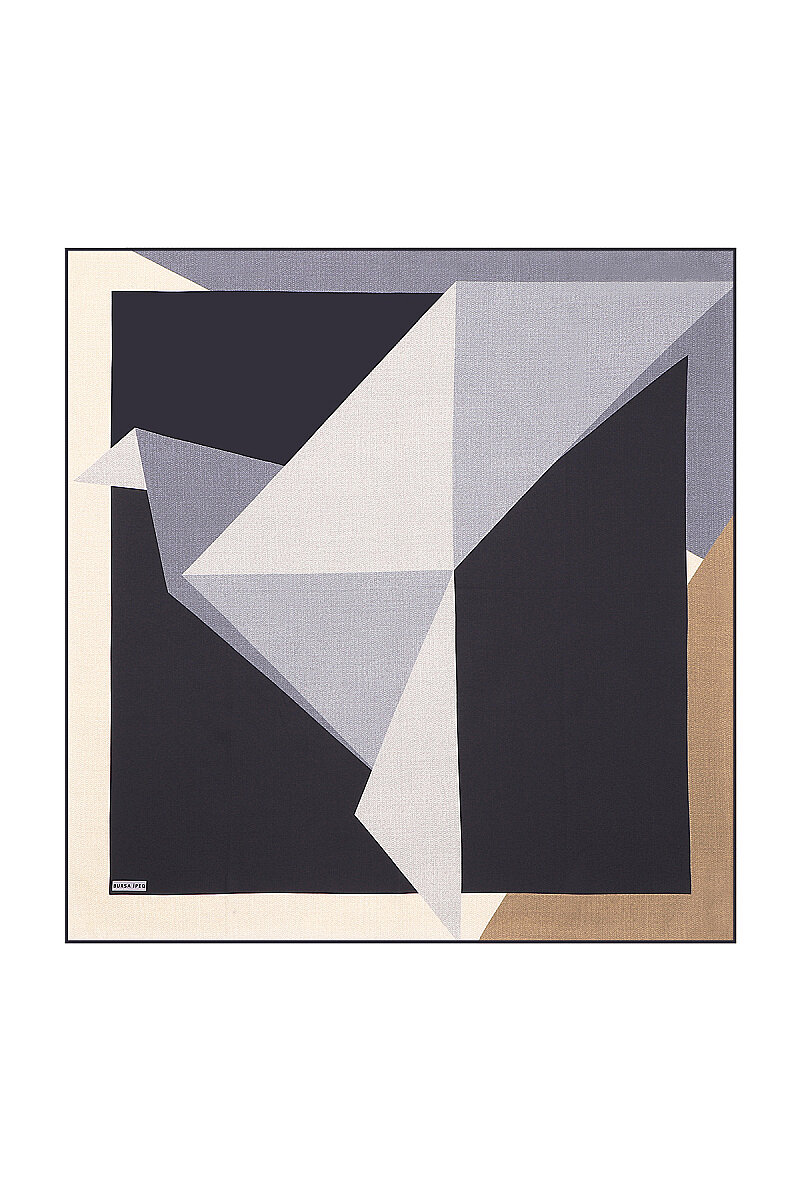 Ekru Lacivert Geometrik Desen Twill İpek Eşarp