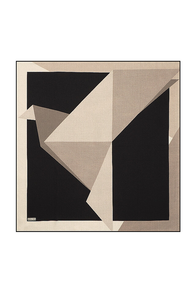 Krem Siyah Geometrik Desen Twill İpek Eşarp - 1