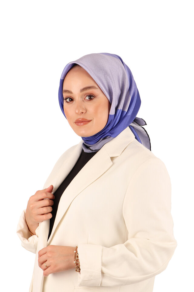 Saks Lila Geometrik Desen Twill İpek Eşarp 