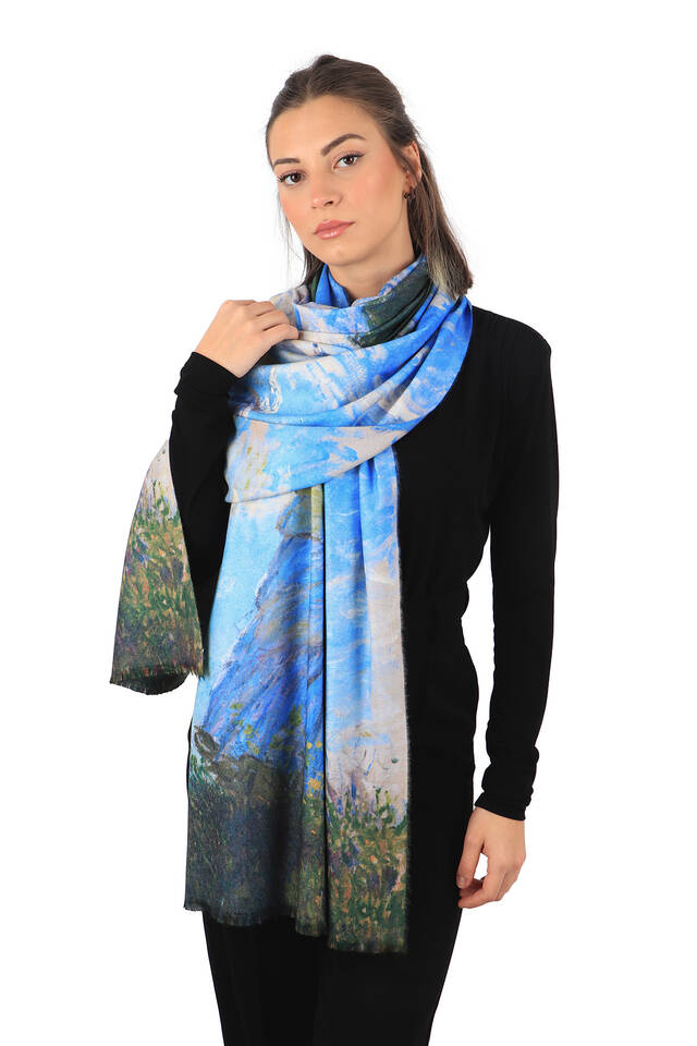 Girl with a Blue Umbrella Pattern Winter Shawl - 2