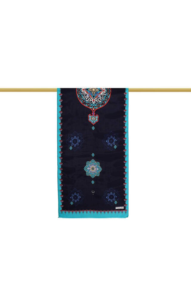 Yeşil Lacivert Göbekli Vual İpek Fular - 2