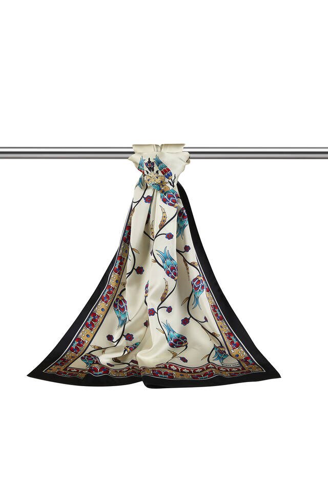 Gold Black Row Tulip Pattern Wide Silky Foulard - 3